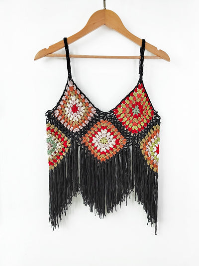 Women Clothing Women Top Pure Hand Crocheting Random Mixed Color Stitching Camisole Tassel Shirt Crochet