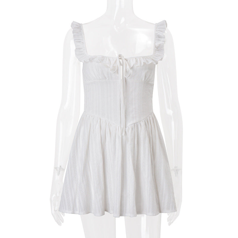 Women Clothing Summer French Sexy Square Collar Waist Controlled Sling Dress