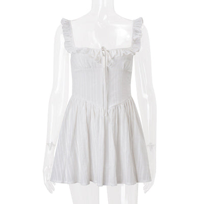 Women Clothing Summer French Sexy Square Collar Waist Controlled Sling Dress