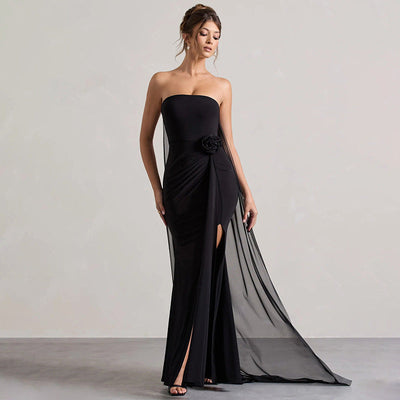 Women Clothing Summer Elegant Solid Color Tube Top Hip Wrapped Trailing Dress Women