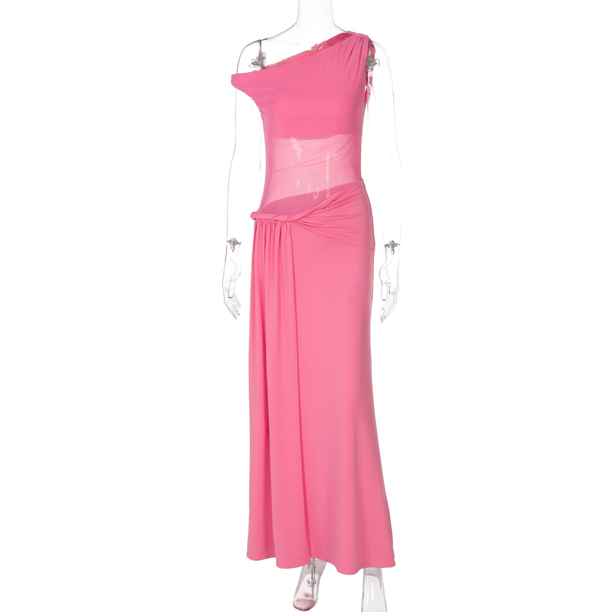 Women Clothing Summer Sexy Slim Fit Waist Controlled Slimming Mesh Diagonal Collar Dress Women