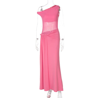 Women Clothing Summer Sexy Slim Fit Waist Controlled Slimming Mesh Diagonal Collar Dress Women
