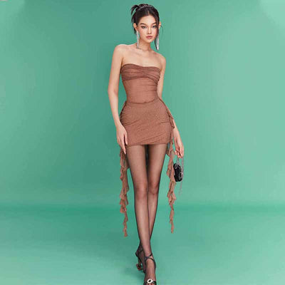 Autumn Sexy Starry Rhinestone Tube Top Ribbon Mesh See through Dress Women