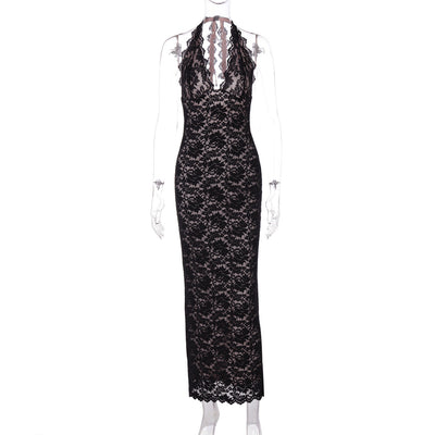 Women Clothing Summer Sexy V neck Lace Backless Slit Lace up Dress
