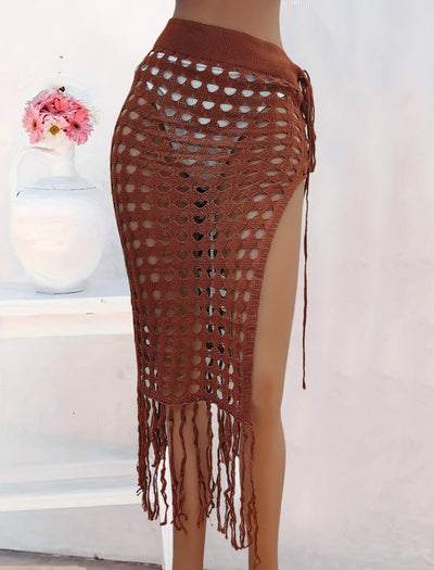 Women Clothing Sexy Cutout Woven Lace up Tassel Dress Split Beach Skirt