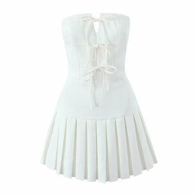 Women Graceful Bow Lace up Pleated Dress Tube Top Dress
