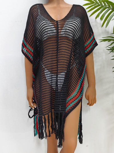 Women Hollow Out Cutout-out Woven Shirt Women Clothing Striped Color Contrast Patchwork Dress Beach Beach Cover Up