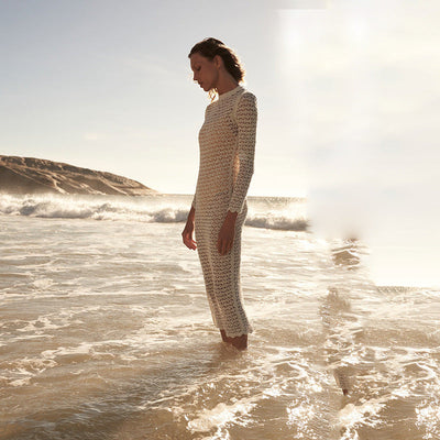 Winter Knitting Midi Dress Solid Color Knitted Hollow Out Cutout Out Long Sleeve Slim Fit Sexy Dress Women Crochet hook