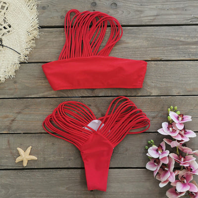 Women One Shoulder Tube Top Solid Color Split Swimsuit Sexy Bikini Bikini