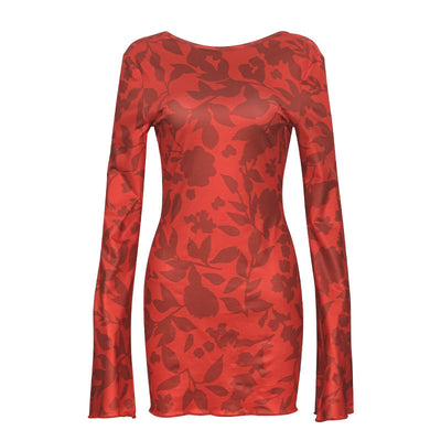 Autumn round Neck Long Sleeve Sexy Leopard Print Lace up Backless Short Dress