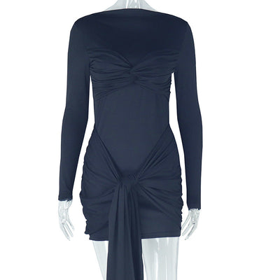 Women Clothing Elegant Stitching Solid Color Tied Bag Hip Long Sleeve round Neck High Waist Short Dress