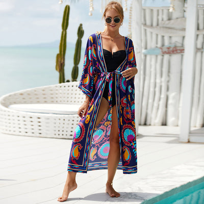 Printed Beach Jacket Sexy Sun Protection Cardigan Holiday Bikini Cover up Blouse Women