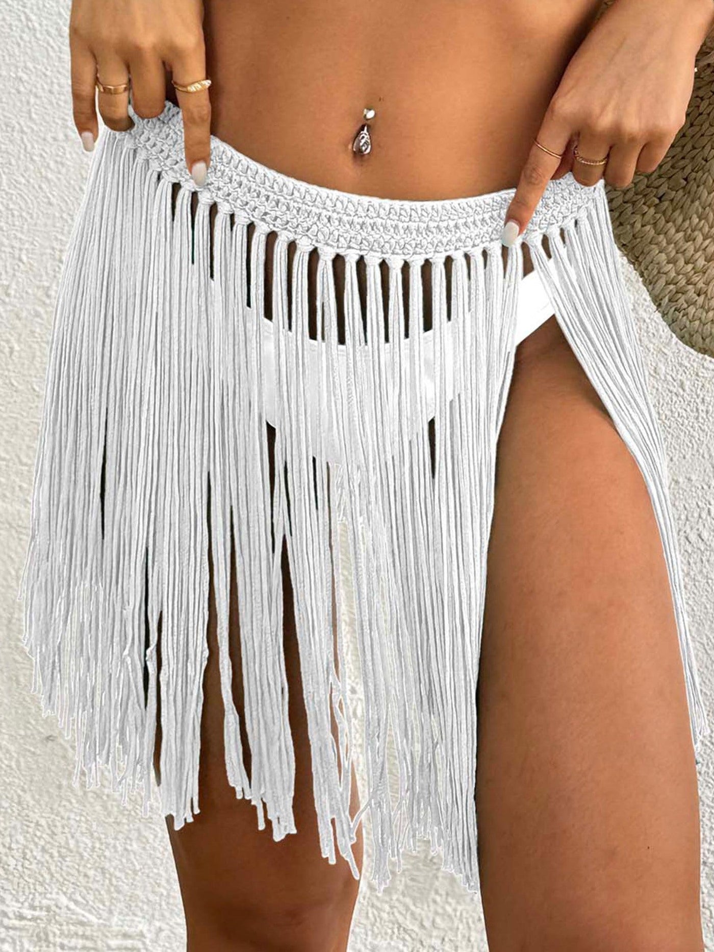 Women Lace up Skirt Women Clothing Beach Beach Cover Up Pure Hand Crocheting Tassel Skirt Overskirt