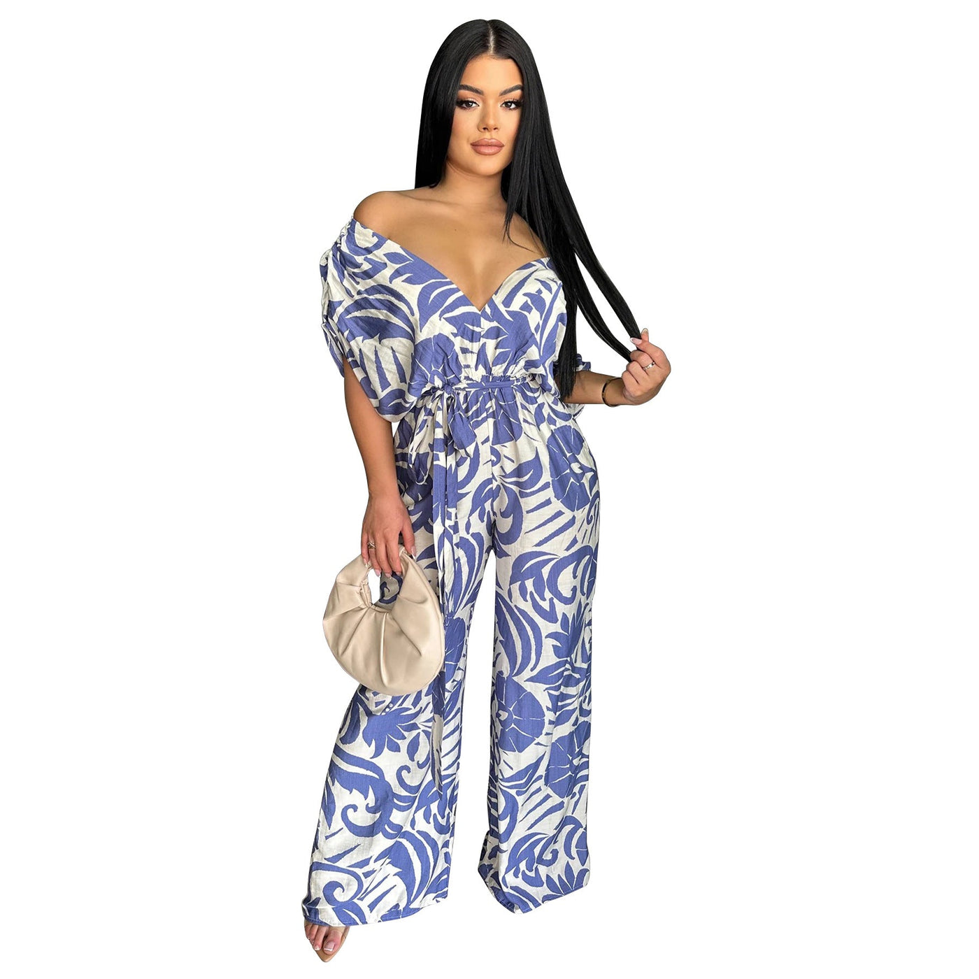 Women Clothing off the Shoulder Batwing Sleeve Wide Leg Printed Jumpsuit