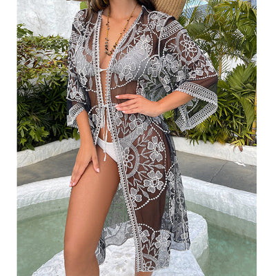 Water Soluble Silk Sun Protection Clothing Hollow Out Cutout Embroidered Strap Loose Sexy Casual Beach Cover Up