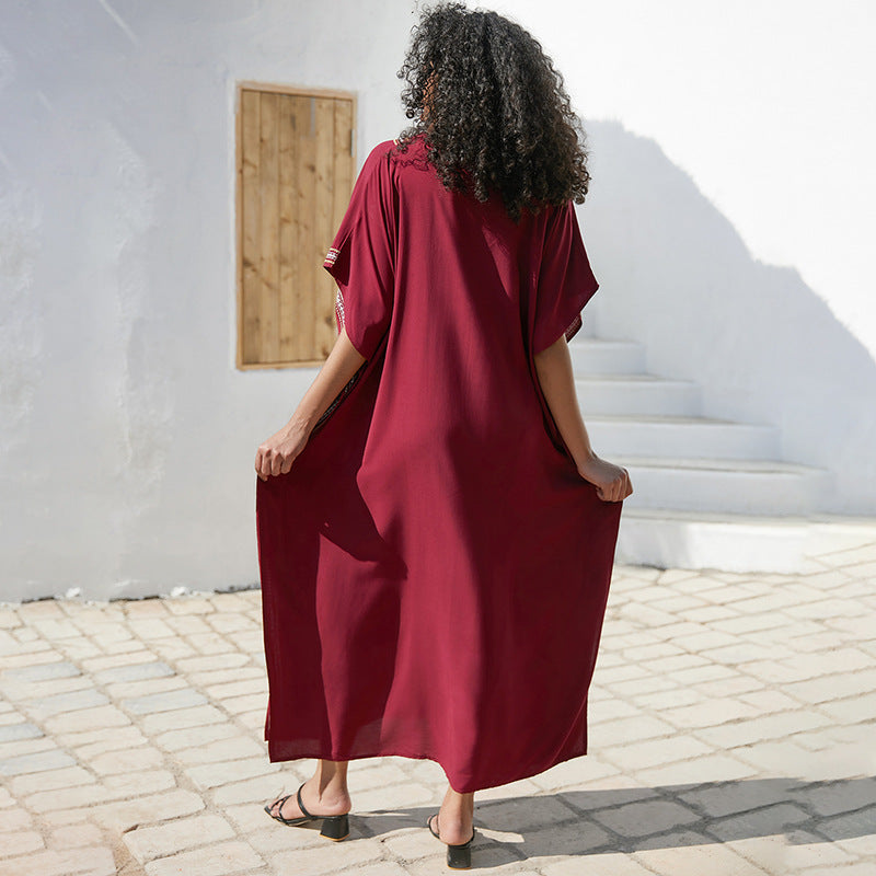 Rayon Embroidered Robe Women Embroidered Vacation Loose Beach Jacket Maxi Dress Beach Cover Up
