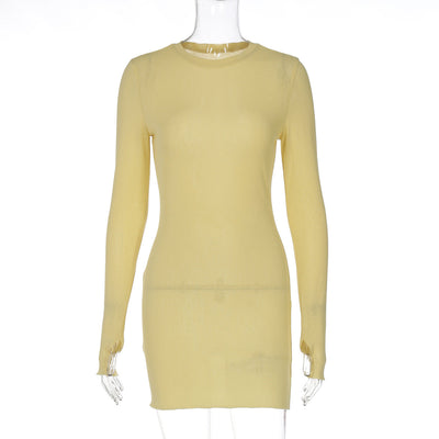 Women Clothing Fashionable Elegant Sexy Micro Transparent Solid Color round Neck Long Sleeve Skinny Sheath Dress