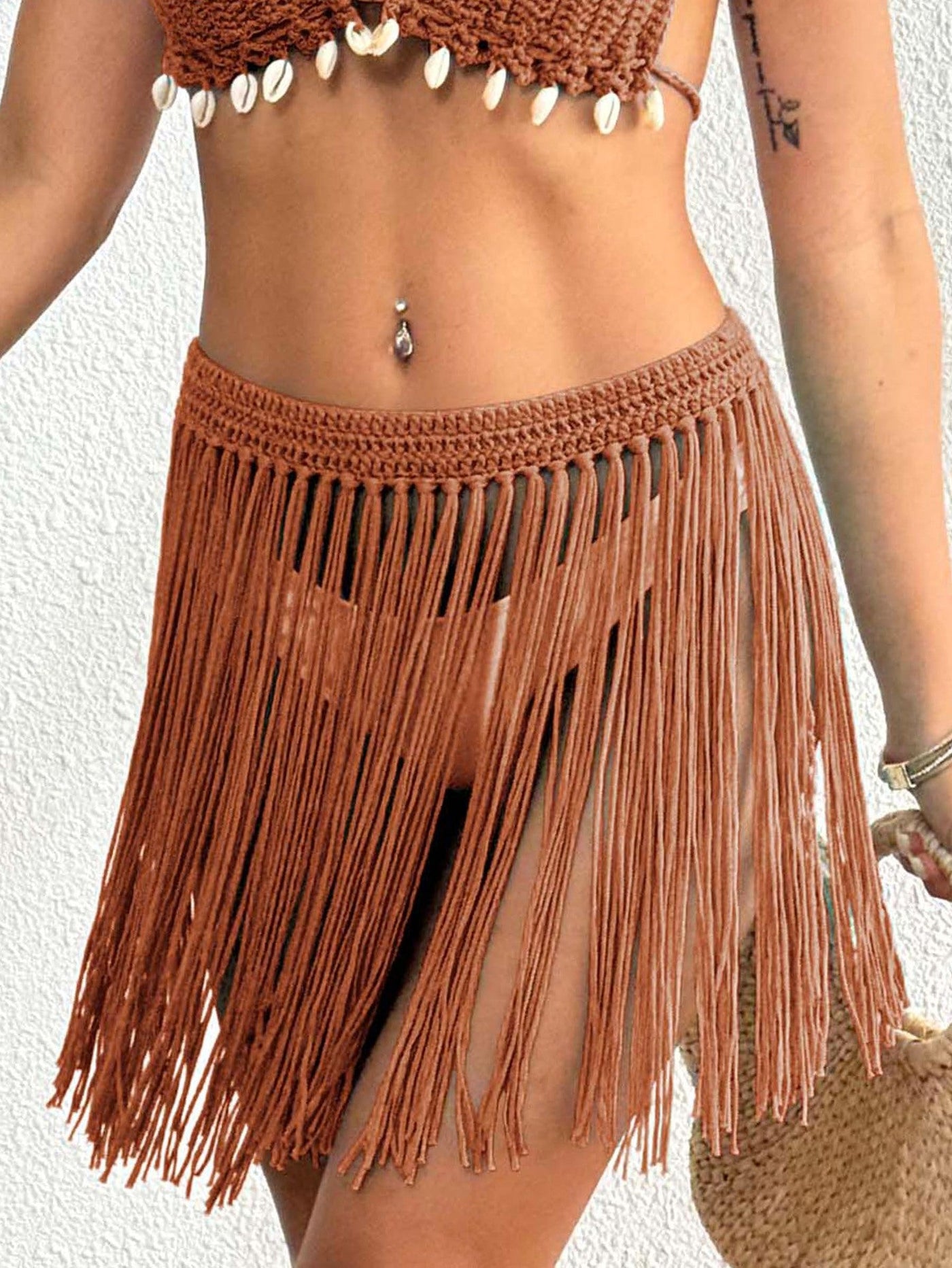Women Lace up Skirt Women Clothing Beach Beach Cover Up Pure Hand Crocheting Tassel Skirt Overskirt