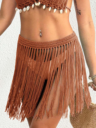 Women Lace up Skirt Women Clothing Beach Beach Cover Up Pure Hand Crocheting Tassel Skirt Overskirt