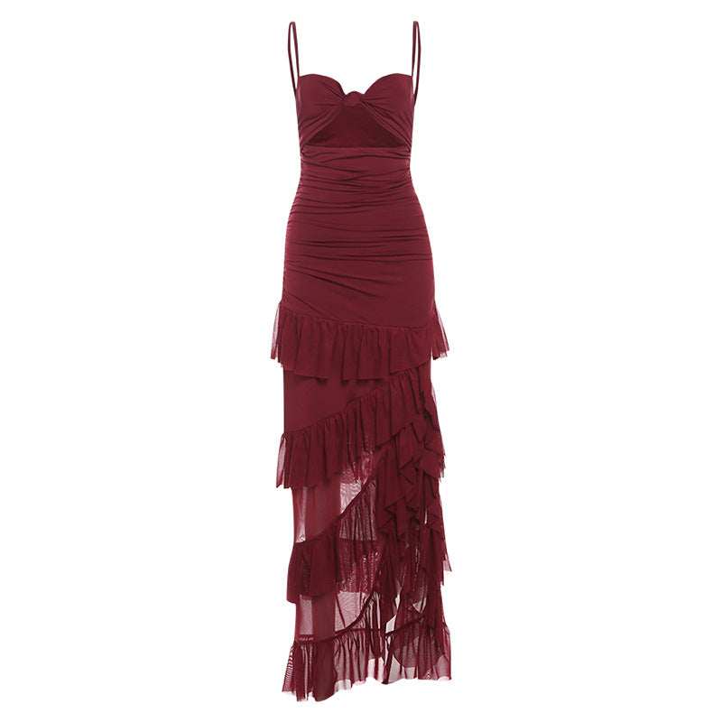 Women Clothing Autumn Winter Sexy Hollow Out Cutout Side Slit Backless Gauzy Sling Dress Women