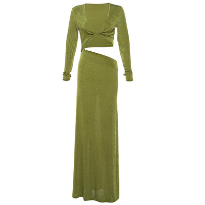 Autumn Winter Women Clothing Sexy Deep V Plunge neck Solid Color Slim Fit Sheath Long Sleeve Dress Women