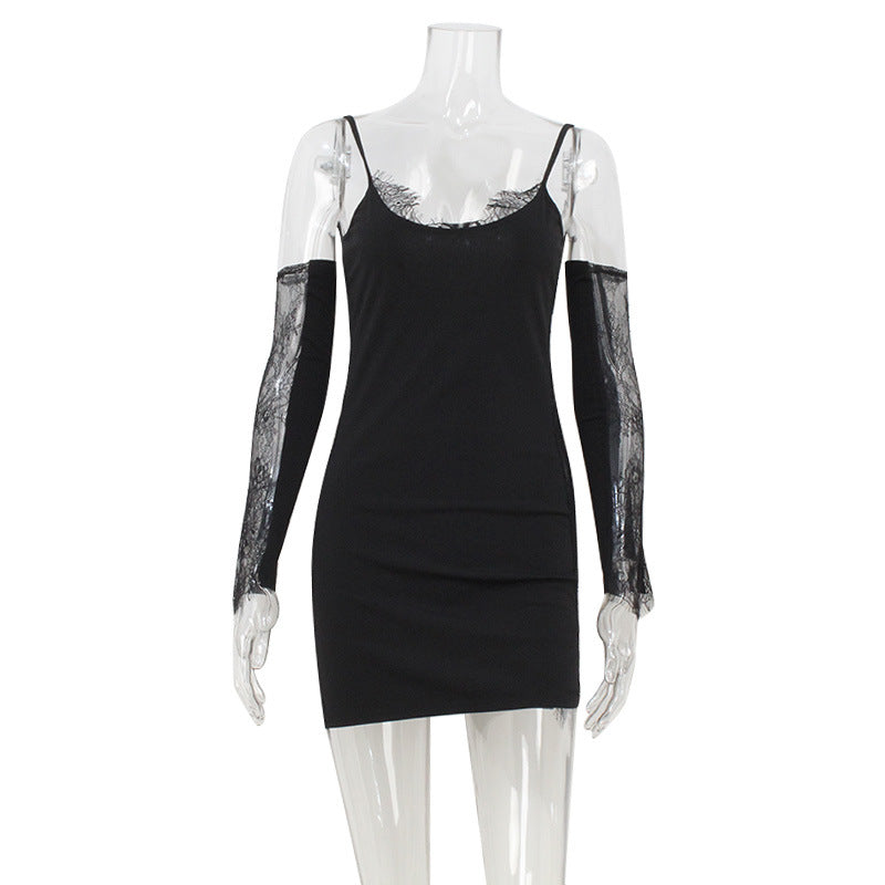 Women Clothing Sexy Lace Stitching Sexy Close Fitting Slim Fitting Sling Dress with Oversleeves
