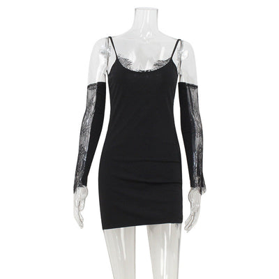 Women Clothing Sexy Lace Stitching Sexy Close Fitting Slim Fitting Sling Dress with Oversleeves