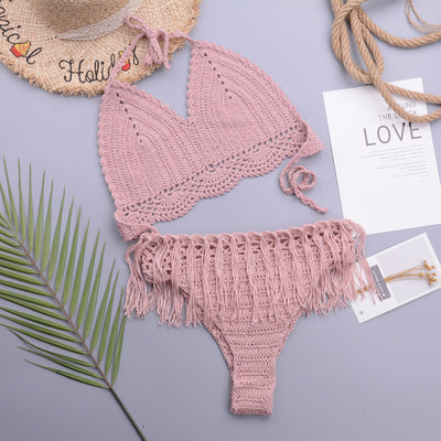 Vacation Sexy Characteristic Handmade Crochet Tassel Hollow Out Cutout out Strap Bikini Women Set