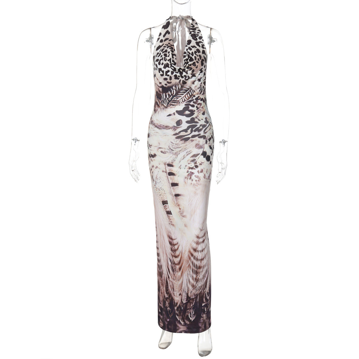 Women Clothing Autumn Printed Sexy Backless Slim Fit Lace up Dress