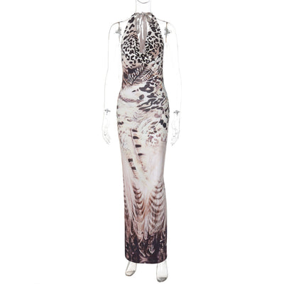 Women Clothing Autumn Printed Sexy Backless Slim Fit Lace up Dress