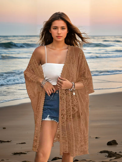 Women's Clothing Sexy See through Water Soluble Lace Embroidered Cardigan Beach Bikini Sun Protective Blouse