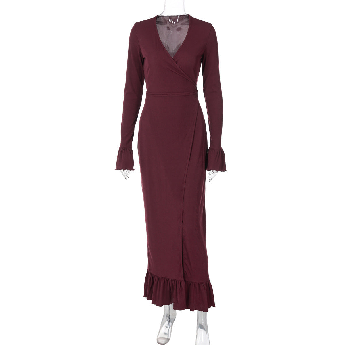 Women Clothing Autumn Winter Sexy V neck Slim Fit Slit Bell Sleeve Dress