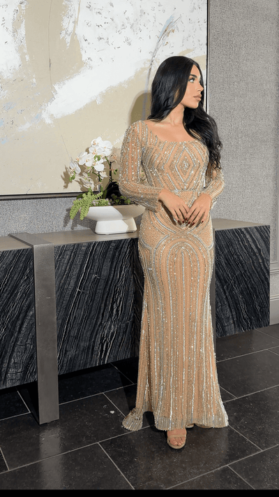 Reema Sequin Modest Square Neckline Long Sleeve Embellished Dress