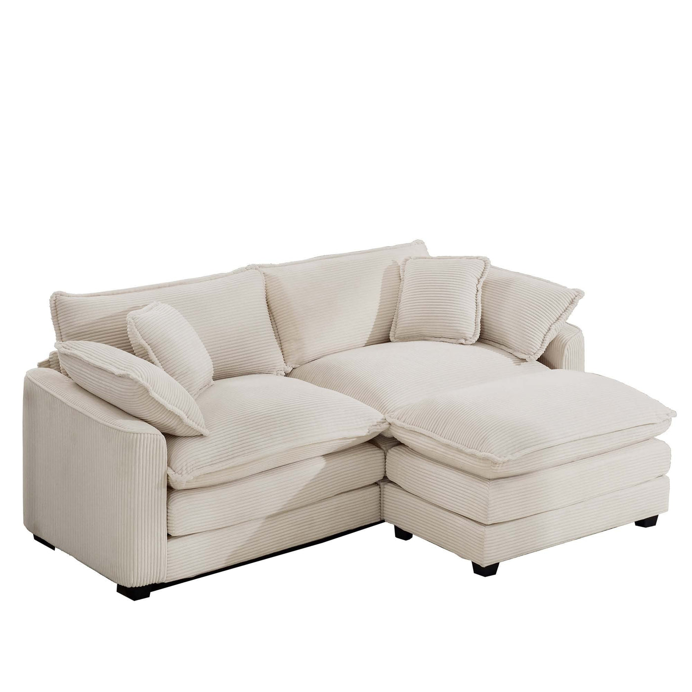 Light Beige Corduroy L-Shaped Two-Seater Sofa with Ottoman for Small Living Spaces