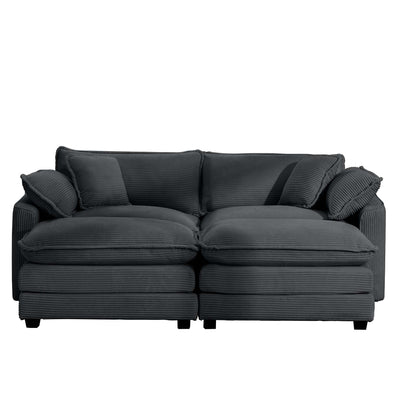 Contemporary Corduroy Two-Seater Sofa with Ottoman, Grey, Ideal for Small Spaces
