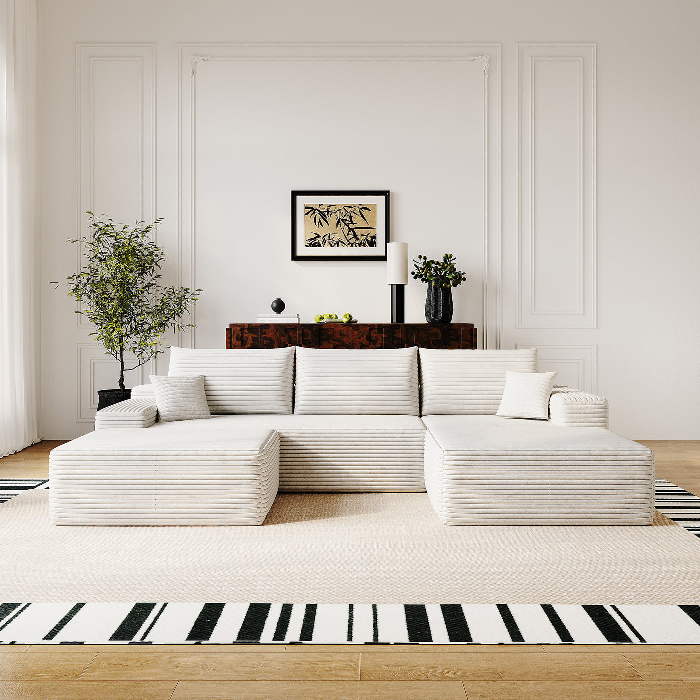 107' Cloud Sectional Sofa with 1 Ottoman,Modern Minimalist Upholstered Couches, Comfort U Shaped Sofa for Living Room,Deep Seat Corner Couch,No Assembly Required (Plush Corduroy Fabric),White