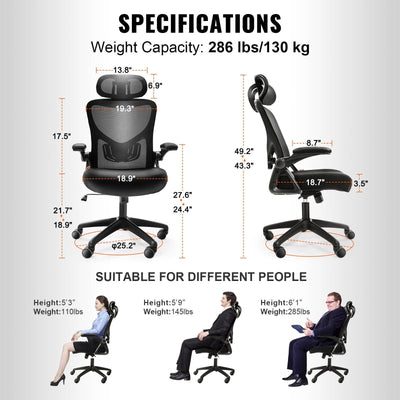 Office Chair with Adjustable Lumbar Support, High Back Ergonomic Desk Chair with Adjustable Headrest, Ergonomic Office Chair Backrest with 2D Armrest, Computer Chair for Home, Office