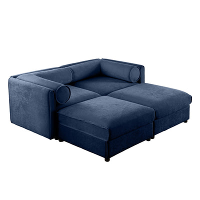 Modern Blue Chenille 2-Seater Sofa with Ottoman Storage and Cylindrical Support