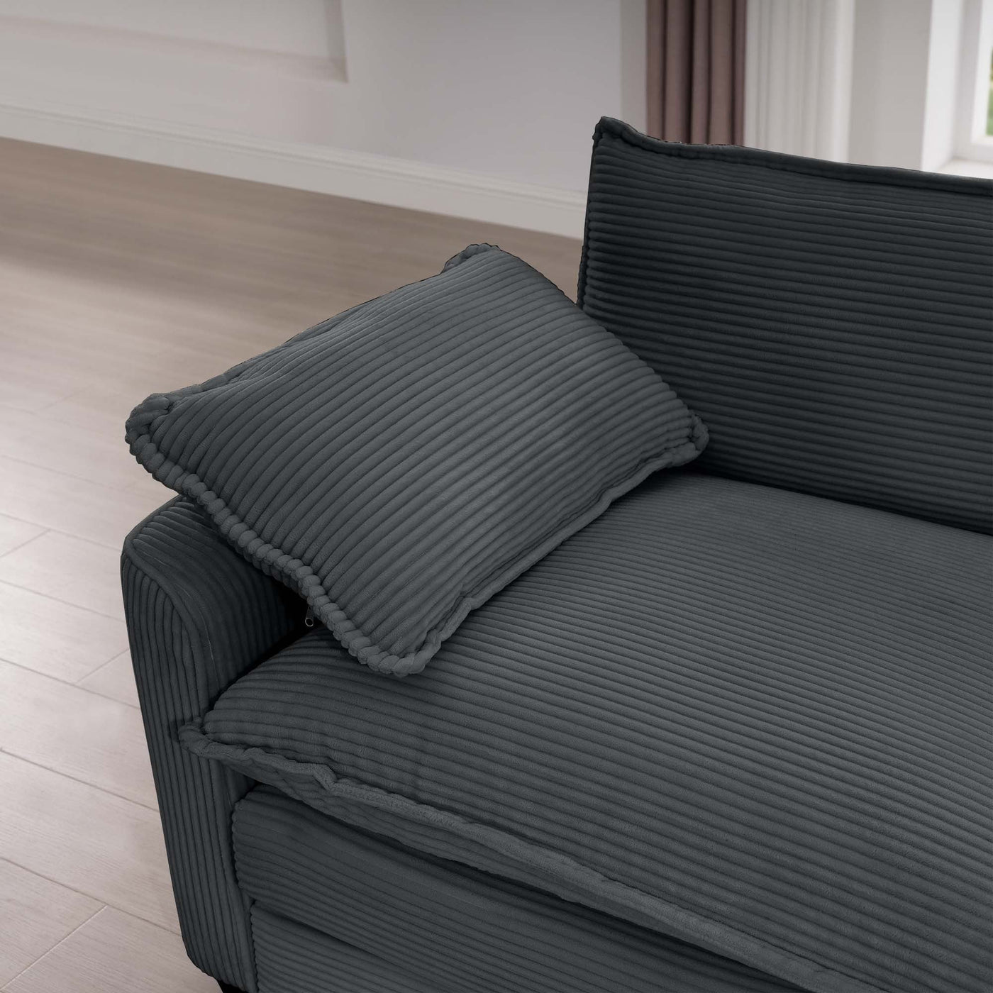 Contemporary Corduroy Two-Seater Sofa with Ottoman, Grey, Ideal for Small Spaces