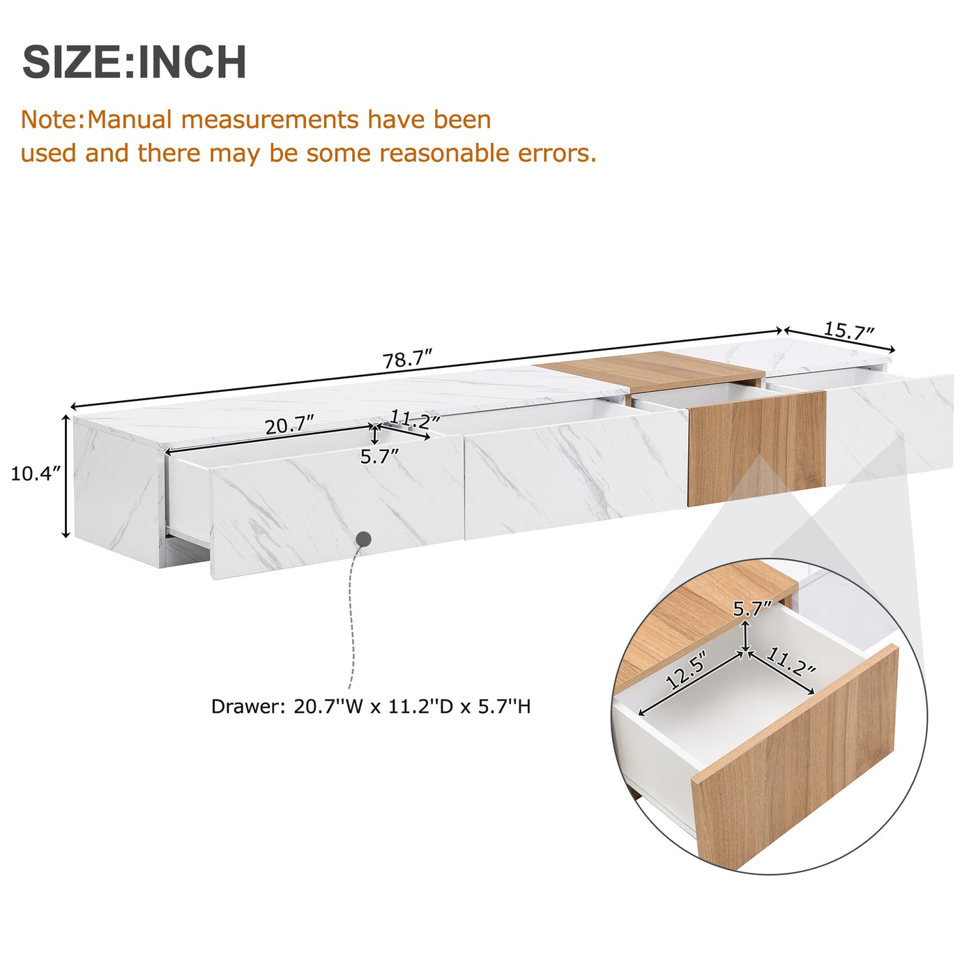 ON-TREND TV Stand with Faux Marble and Walnut Wood Grain Finish for TVs up to 88'', Modern Free-Combination Entertainment Center with 4 Storage Drawers for Living Room, White