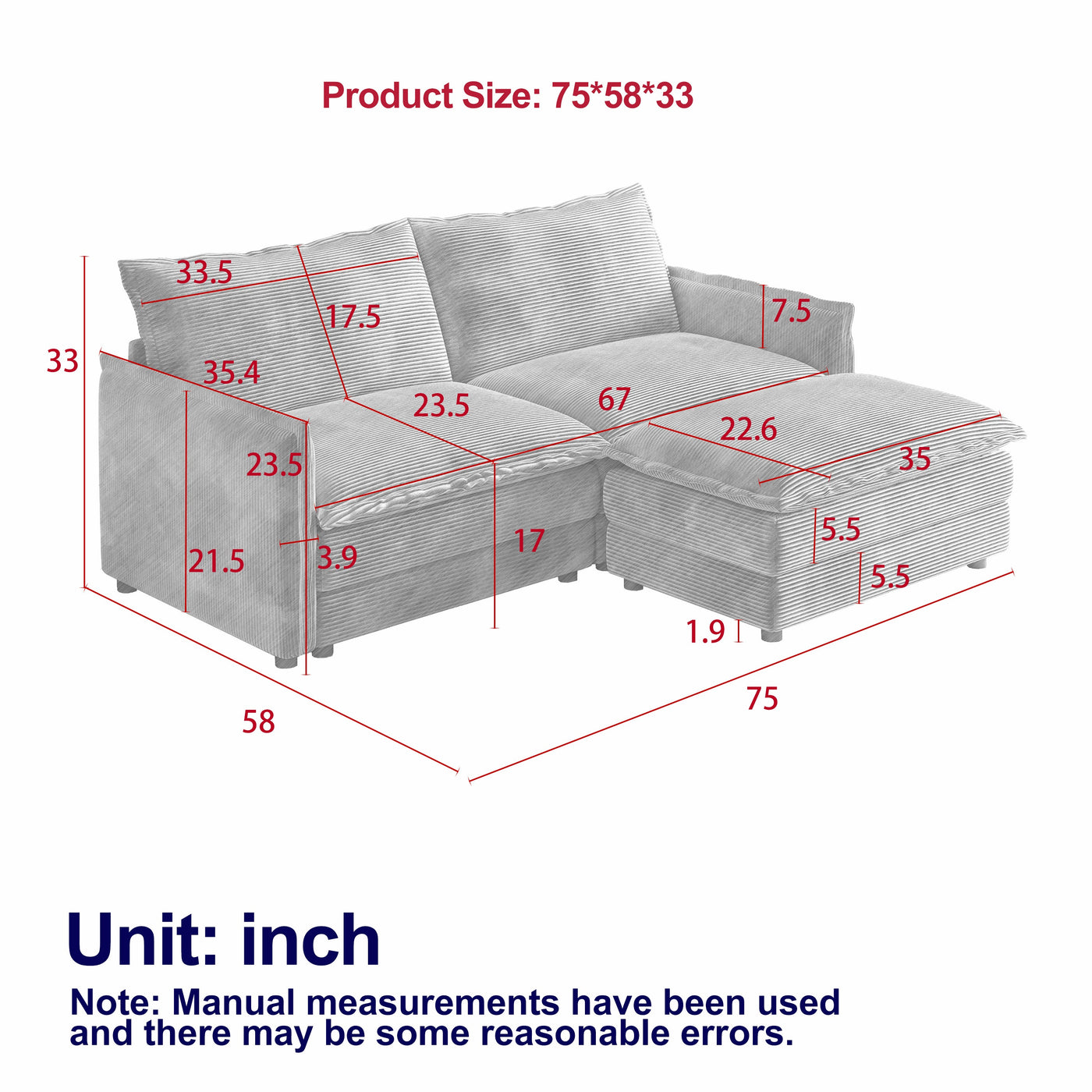 Corduroy Fabric Loveseat Sofa Couch with 1 Footrest for Living Room,2 Seater L-Shaped Sectional with Ottoman, Upholstered Large Size Deep Seat 2-Seat Sofa with 2 cushions