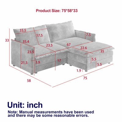 Corduroy Fabric Loveseat Sofa Couch with 1 Footrest for Living Room,2 Seater L-Shaped Sectional with Ottoman, Upholstered Large Size Deep Seat 2-Seat Sofa with 2 cushions