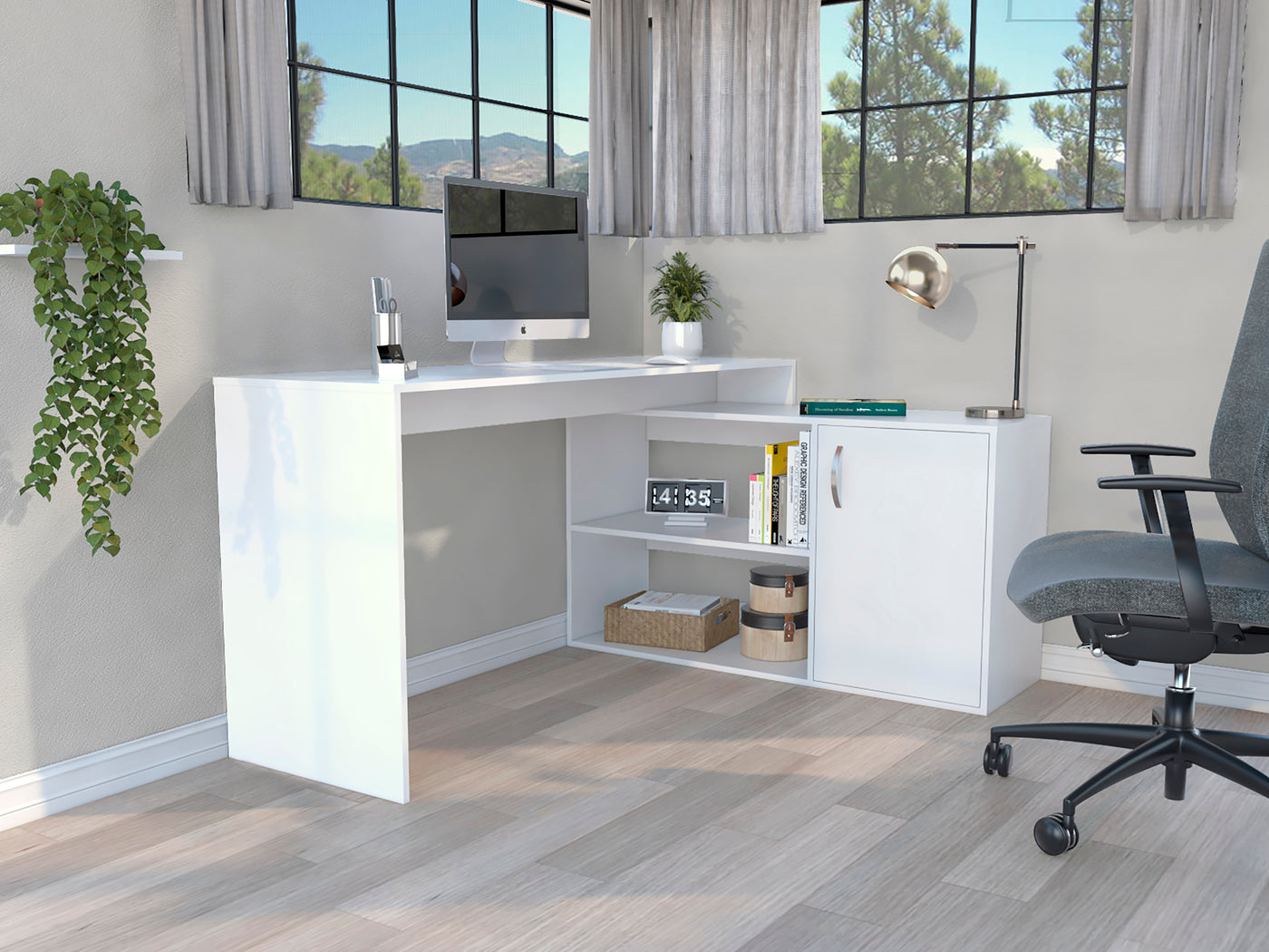 Axis Modern L-Shaped Computer Desk with Open & Closed Storage -White