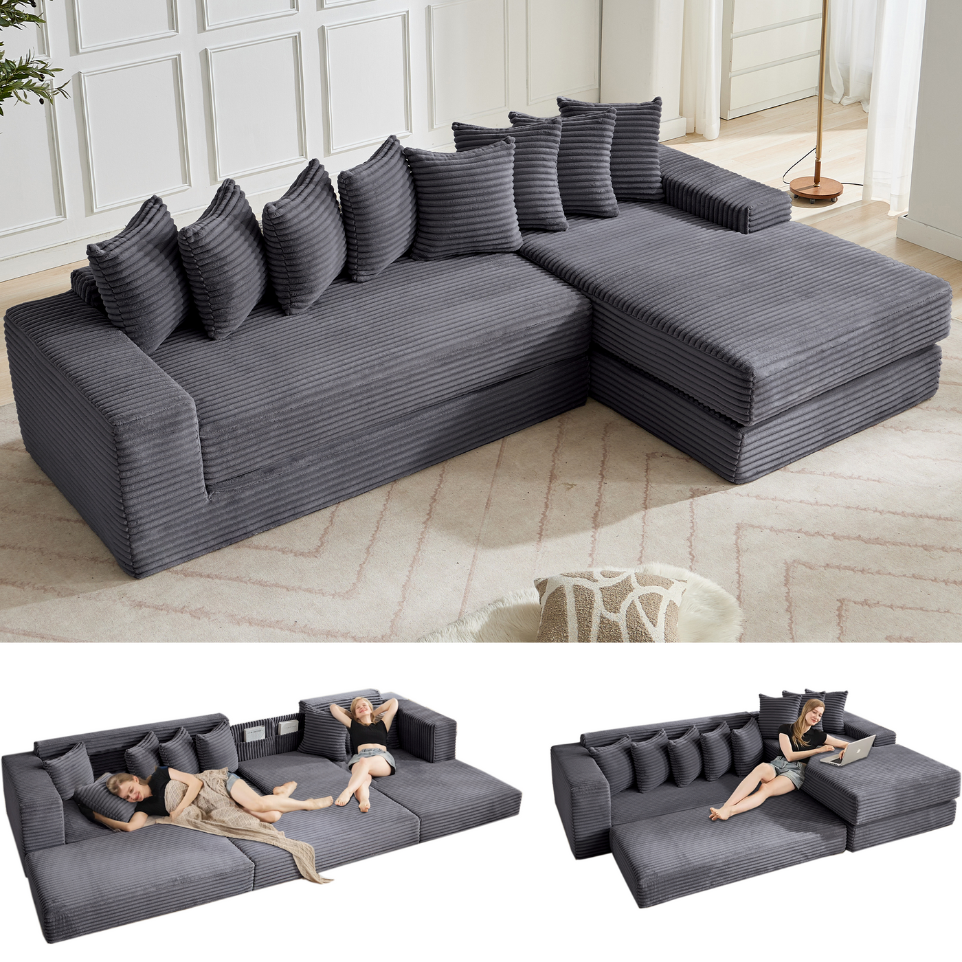[NEW ARRIVED] [VIDEO PROVIDED] Oversize Cloud Couch, L-Shape Sofa, Convertible Floor Sleeper Sofa Bed, No Assembly ,Eight pillows,3-in-1,Magazine bag,(Right Facing Sofa),3 Seat,Corduroy,Dark Gray