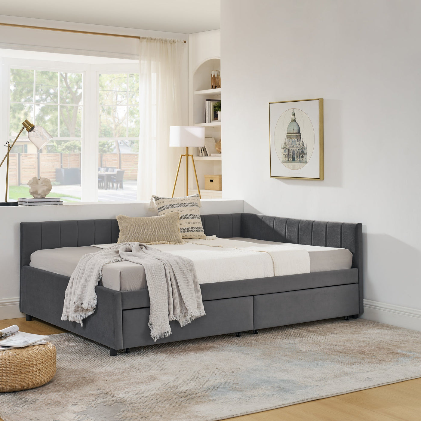 Full Size Upholstered Tufted Bed Frame with Two Drawers, Sofa Bed Frame with Comfortable Backrest and Armrests, Velvet, Grey(79.5''x58''x25'')