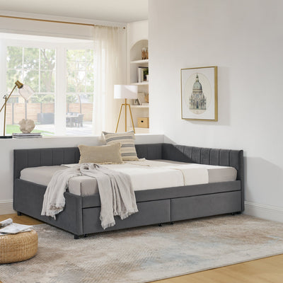 Full Size Upholstered Tufted Bed Frame with Two Drawers, Sofa Bed Frame with Comfortable Backrest and Armrests, Velvet, Grey(79.5''x58''x25'')
