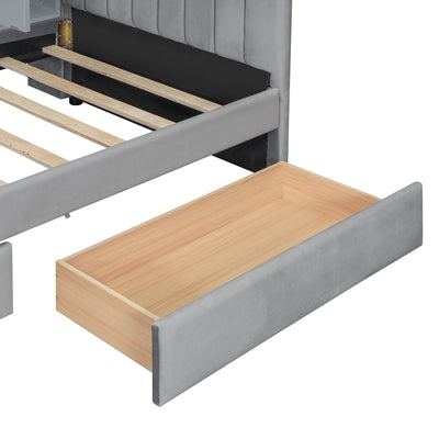 Twin Size Upholstered Daybed with Drawers, Shelves, Flip Cabinets & Side Table (Gray)