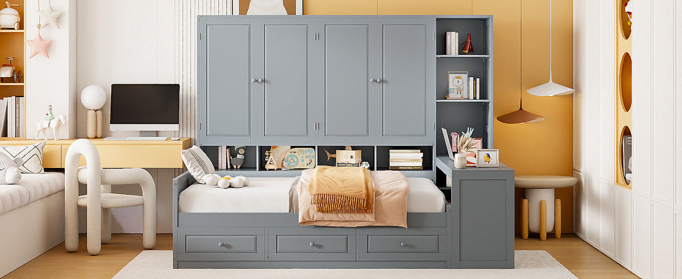 Full Size Wooden Daybed With Three Drawers, and All-in-One Cabinet, Desk and Shelves, Gray