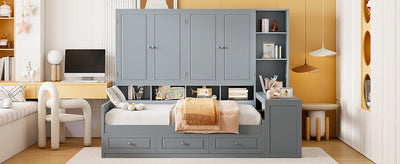Full Size Wooden Daybed With Three Drawers, and All-in-One Cabinet, Desk and Shelves, Gray