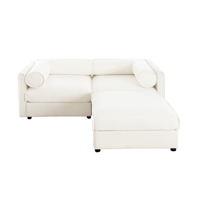 Stylish Modern Fabric 2-Seater Sofa with Ottoman Storage, White Chenille, Cylindrical Backrest and Armrests